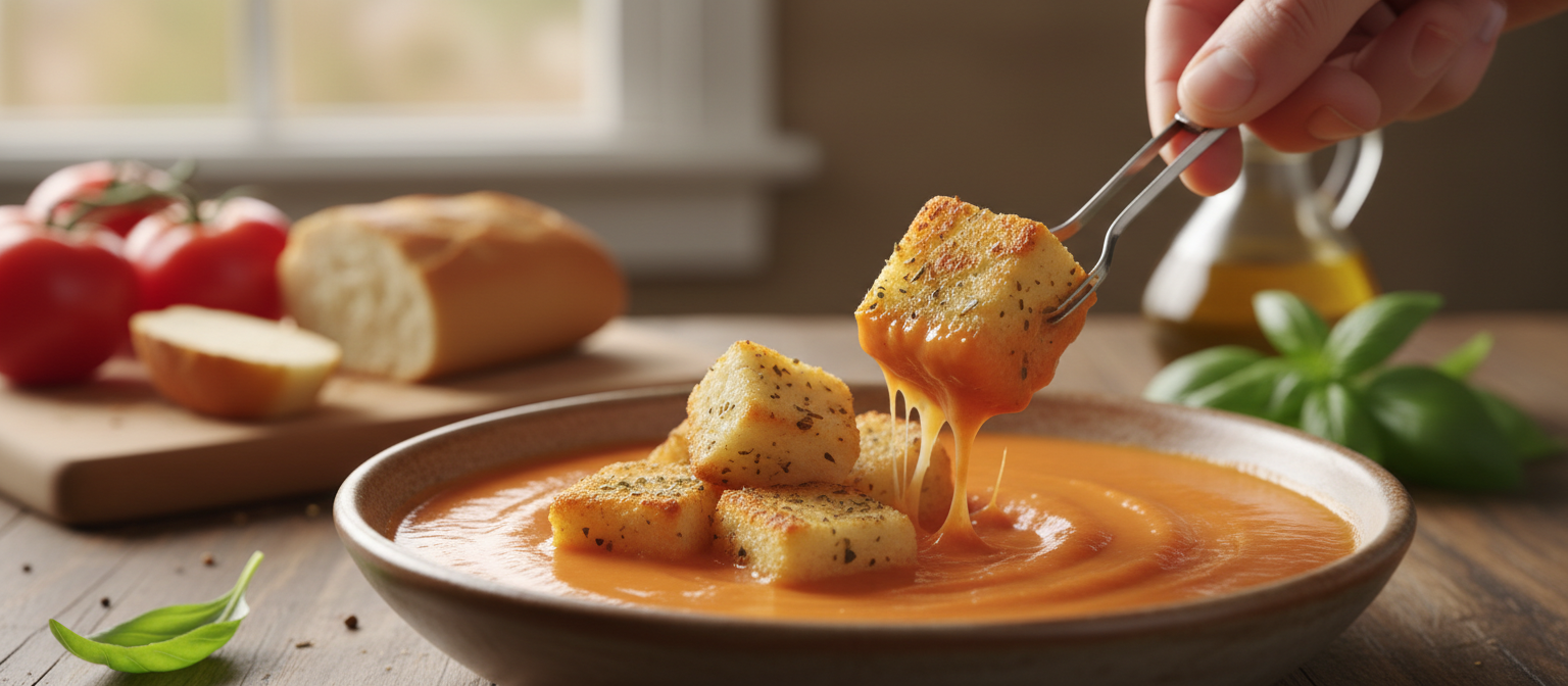 Creamy Roasted Tomato Basil Soup with Grilled Cheese Croutons gallery photo