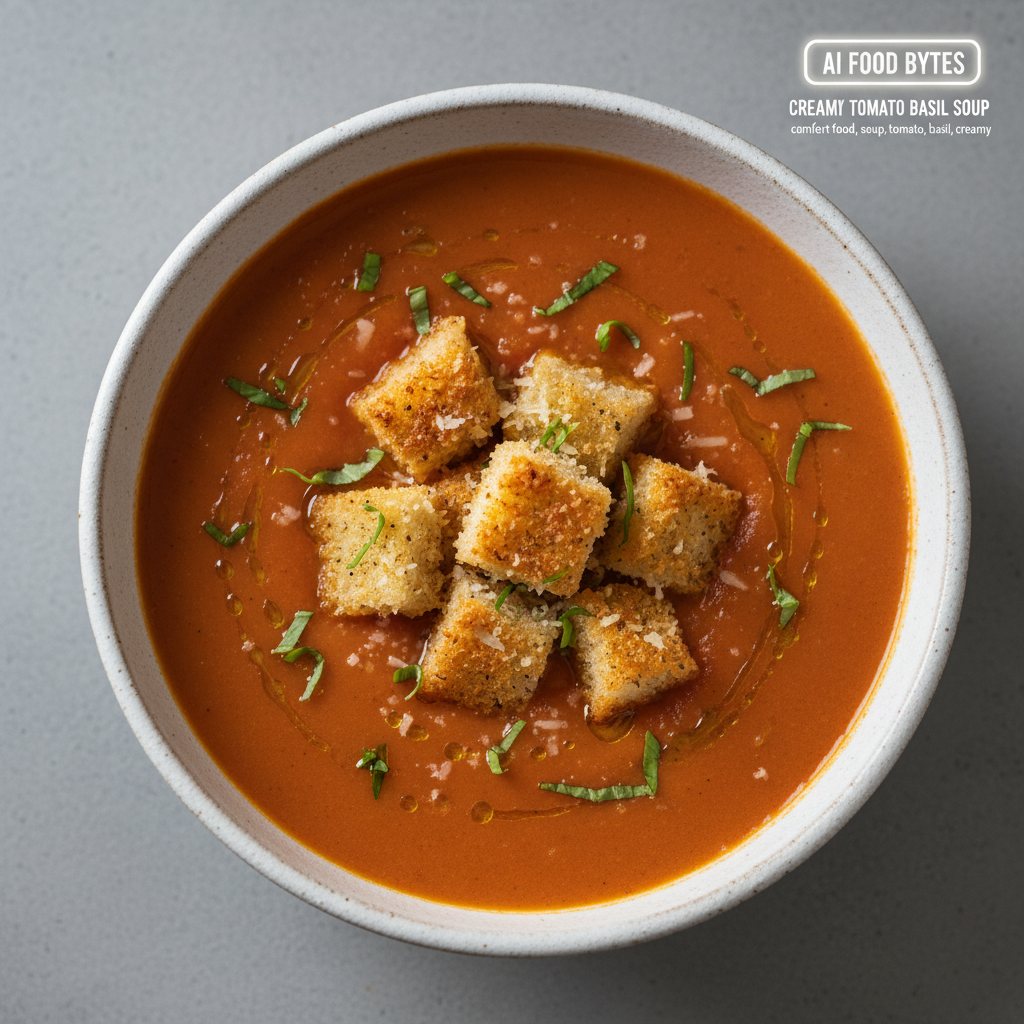 Creamy Tomato Basil Soup with Parmesan Croutons gallery photo