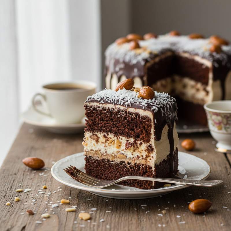 Chocolate Almond Joy Cake with Coconut Frosting hero image