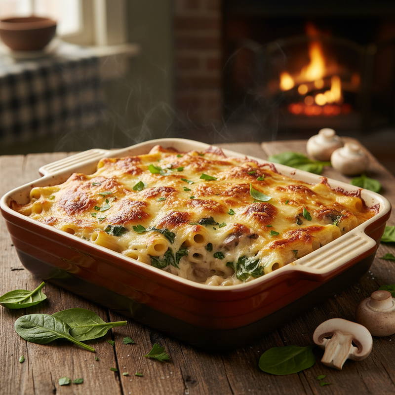 Creamy Mushroom and Spinach Pasta Bake hero image