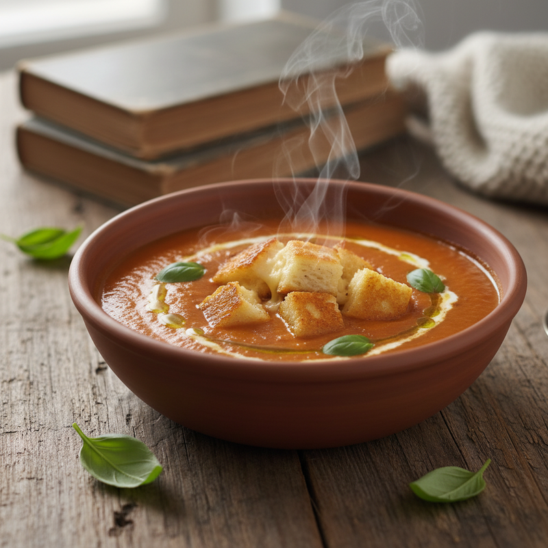 Creamy Roasted Tomato Basil Soup with Grilled Cheese Croutons hero image