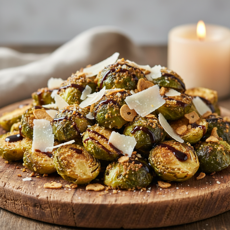 Crispy Garlic Parmesan Brussels Sprouts with Balsamic Drizzle hero image