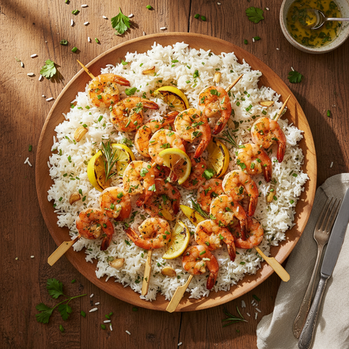 Lemon Herb Grilled Shrimp Skewers with Garlic Rice preview