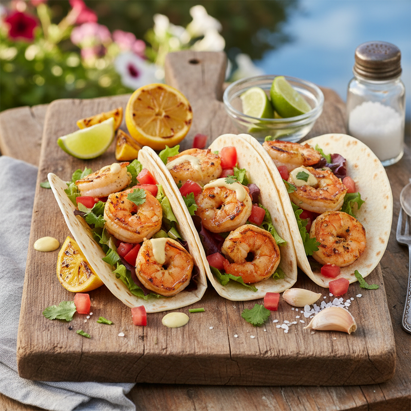 Lemony Garlic Grilled Shrimp Tacos hero image