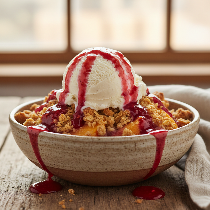 Peach Melba Crumble with Vanilla Ice Cream hero image