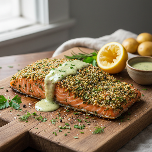 Savory Herb-Crusted Salmon with Lemon Dill Sauce preview